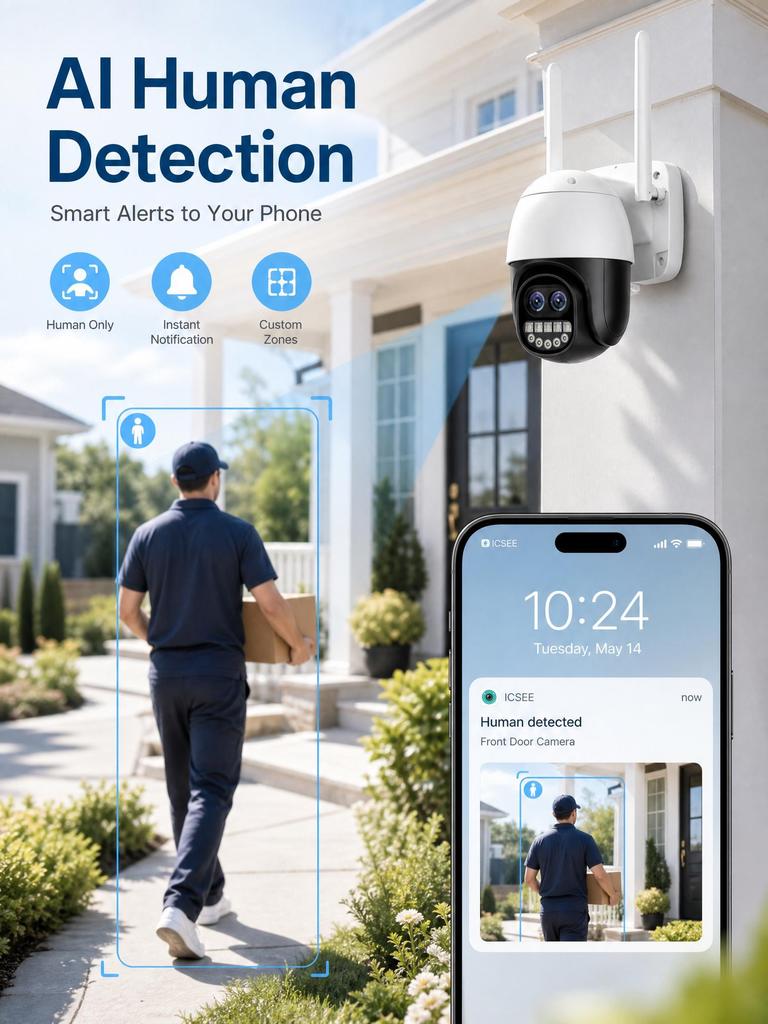 AIOOK Dual lens HD 10MP outdoor camera 5X ZOOM WIFI camera mobile tracking full-color night vision two-way intercom ICSEE APP