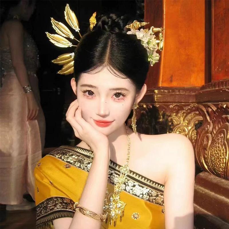 1PC Headwear Headdress Vintage Flower Rhinestone Hair Accessories Hairpin Ethnic Thai Hair Sticks Metal Leaves U-shaped