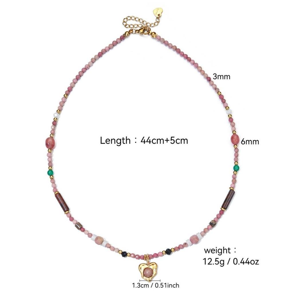 Retro French Colorful Beaded Necklace with Stainless Steel Pendant - High-End Clavicle Chain