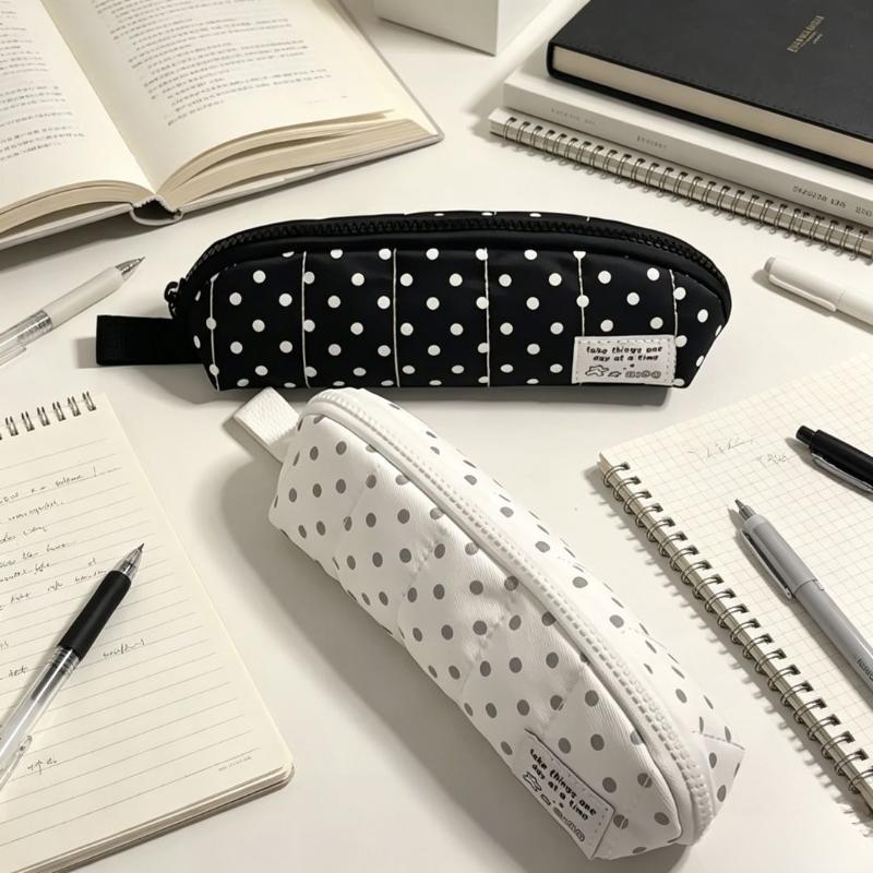 Cute Polka Dot Quilted Pencil Case Large Capacity Portable Strap For School Office Students Use