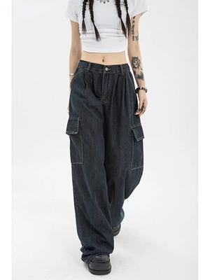 Summer Women Harajuku Cargo Baggy Blue Jeans Streetwear Hip Hop Oversize Casual Wide Leg Vintage Demin Pants Y2k Loose Trousers