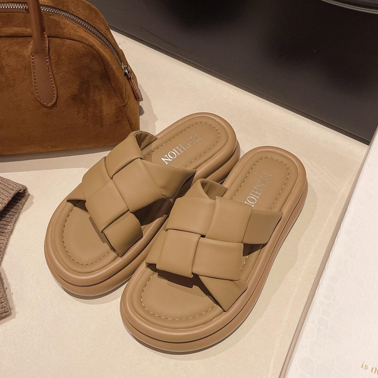 

2025 лето новая корейская версия толстой подошвы повседневные плетеные односложные классные тапочки квадратные подошвы мягкие пляжные сандалии женские 40 хаки