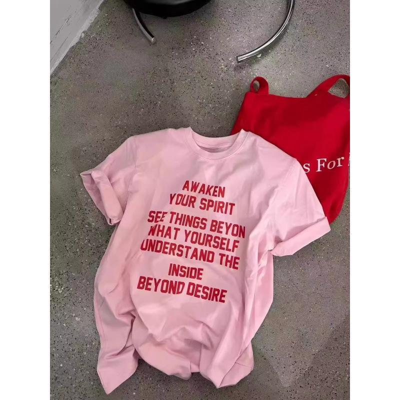 Women's Loose-Fit Summer Cotton T-Shirt, Letter Print, Custom Logo, Perfect for Class Uniforms.