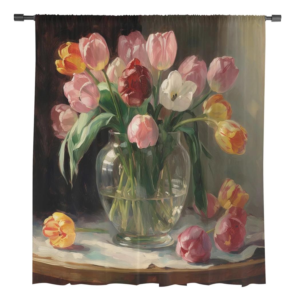 Flower Leaves Oil Painting Sheer Curtains For Living Room Bedroom Tulle Curtain For Kitchen Voile Curtain Blind Panels
