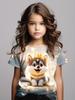 Summer Round Neck 3D Cute Cat Printed Top Fashionable Casual Short Sleeved Children's Girl T-shirts
