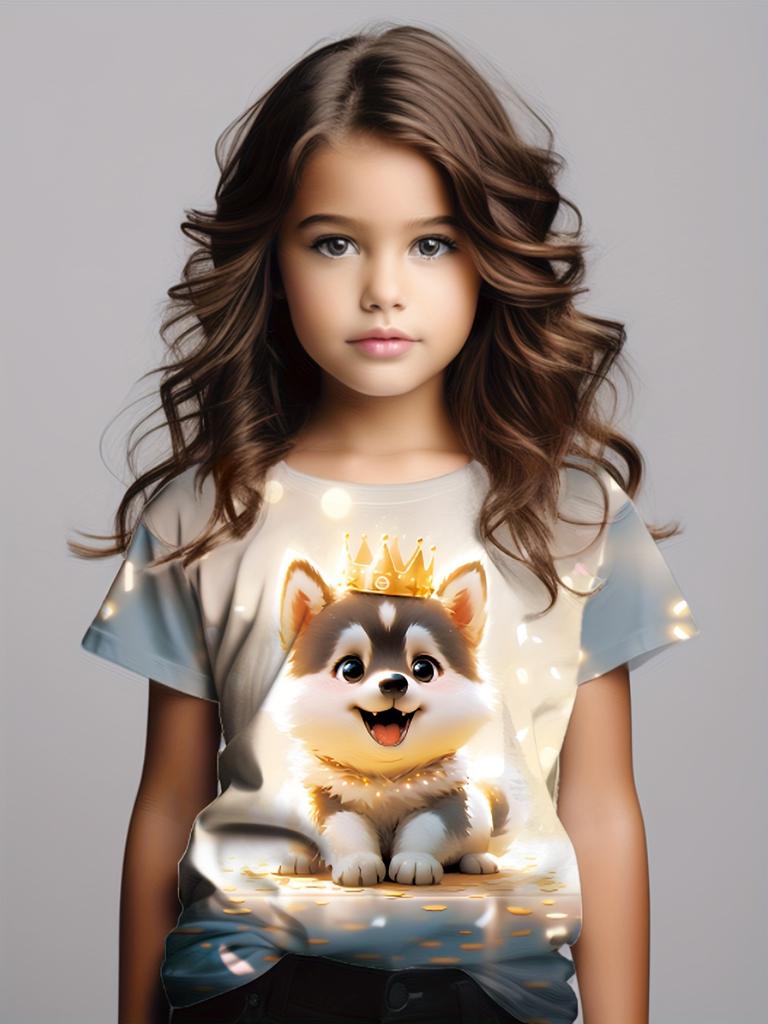 Summer Round Neck 3D Cute Cat Printed Top Fashionable Casual Short Sleeved Children's Girl T-shirts