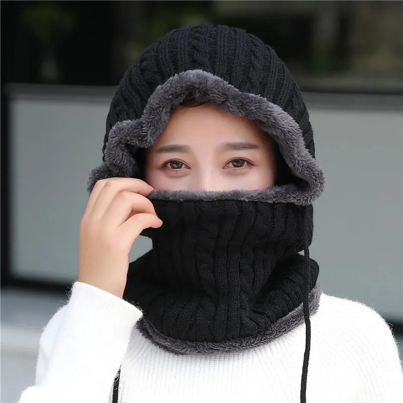 WTEMPO Autumn Winter Knitted Pullover Hats Women Large Solid Color Ear Protection Outdoor Cycling Windproof Scarf Hats