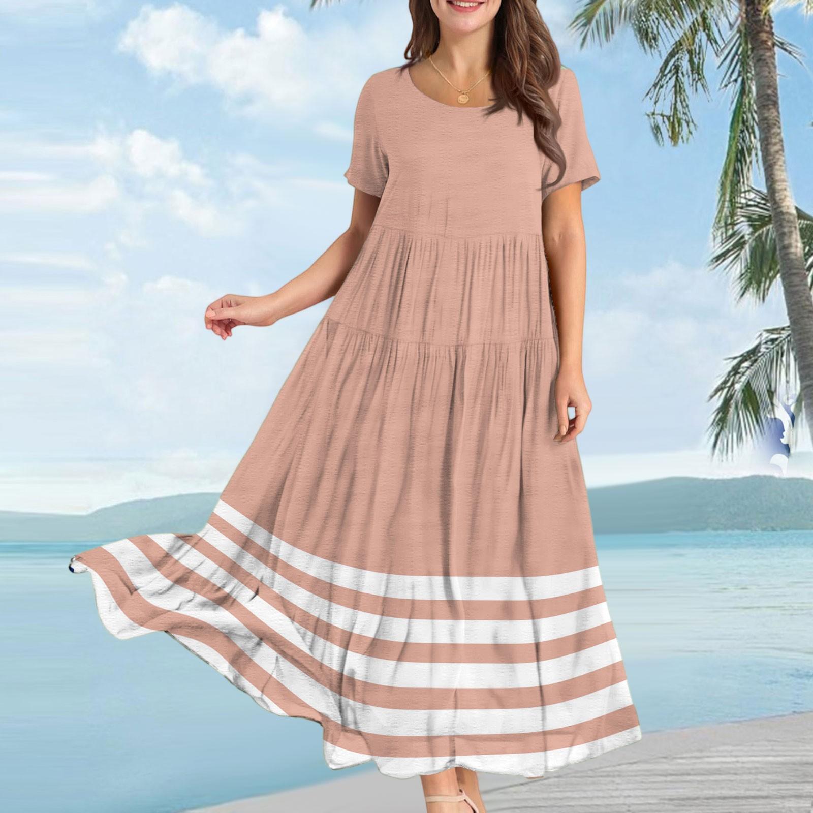 

Women s Casual Loose Bohemian Striped Printed Short Sleeve Dress L бежевый