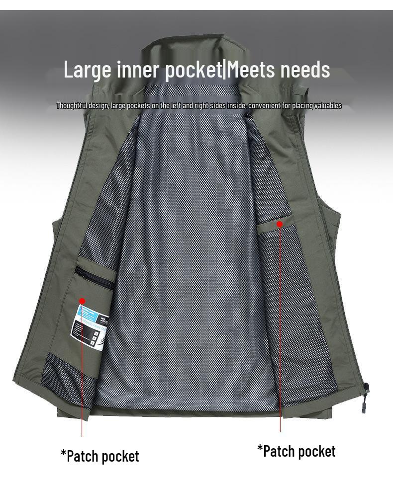 Spring Men's Breathable Outdoor Photography and Fishing Vest with Stand Collar and Logo Print