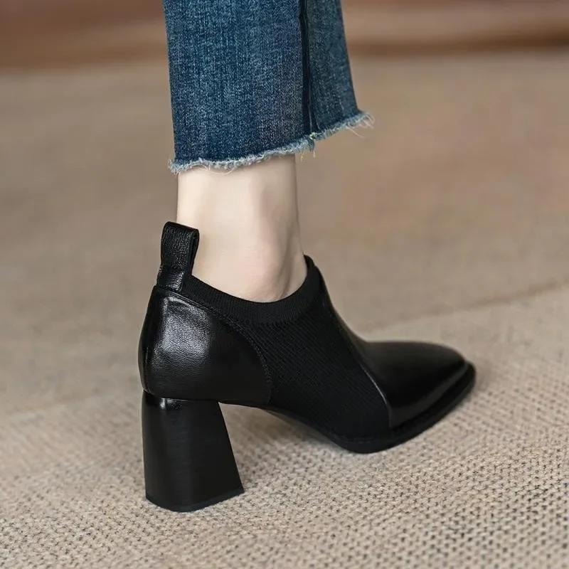New Women Retro Naked Boots Stretch Knitted Autumn Shoes Slip On Square High Heels Ankle Black Boots