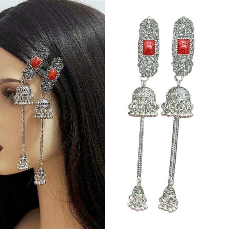 Handmade Mongolian Styles Alloy Tassels Hair Clip Ornament with Vintage Rhinestones Designs for Women Seek Unique Charm