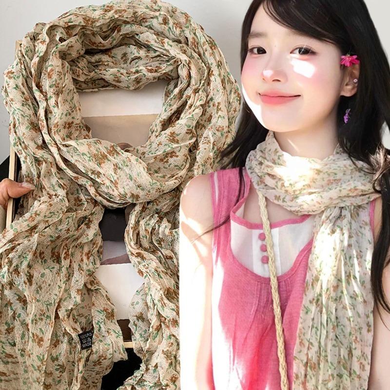 Floral Cotton and Linen Scarf for Women Thin Design Korean Style Atmosphere Retro Artistic Pleated Scarf Versatile Shawl