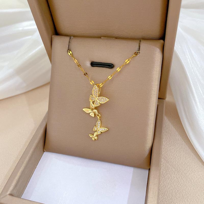 Butterfly Tassel Light Luxury Temperament Gorgeous Full Diamond Necklace Women S Versatile Collarbone Chain Titanium Steel Chain
