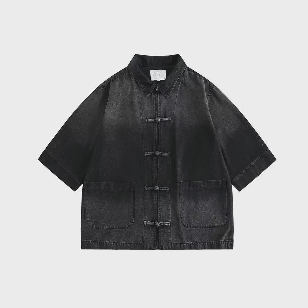 Unisex Retro Gradient Denim Shirt with Frog Button - Short Five-Sleeve Summer Style