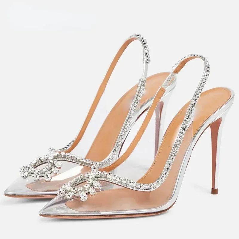Fashion PVC Transparent Silver Clear Rhinestone High Heels Women Pumps Fashion Sling Backs Thin Heels Party Bridal Wedding Sandals Shoes