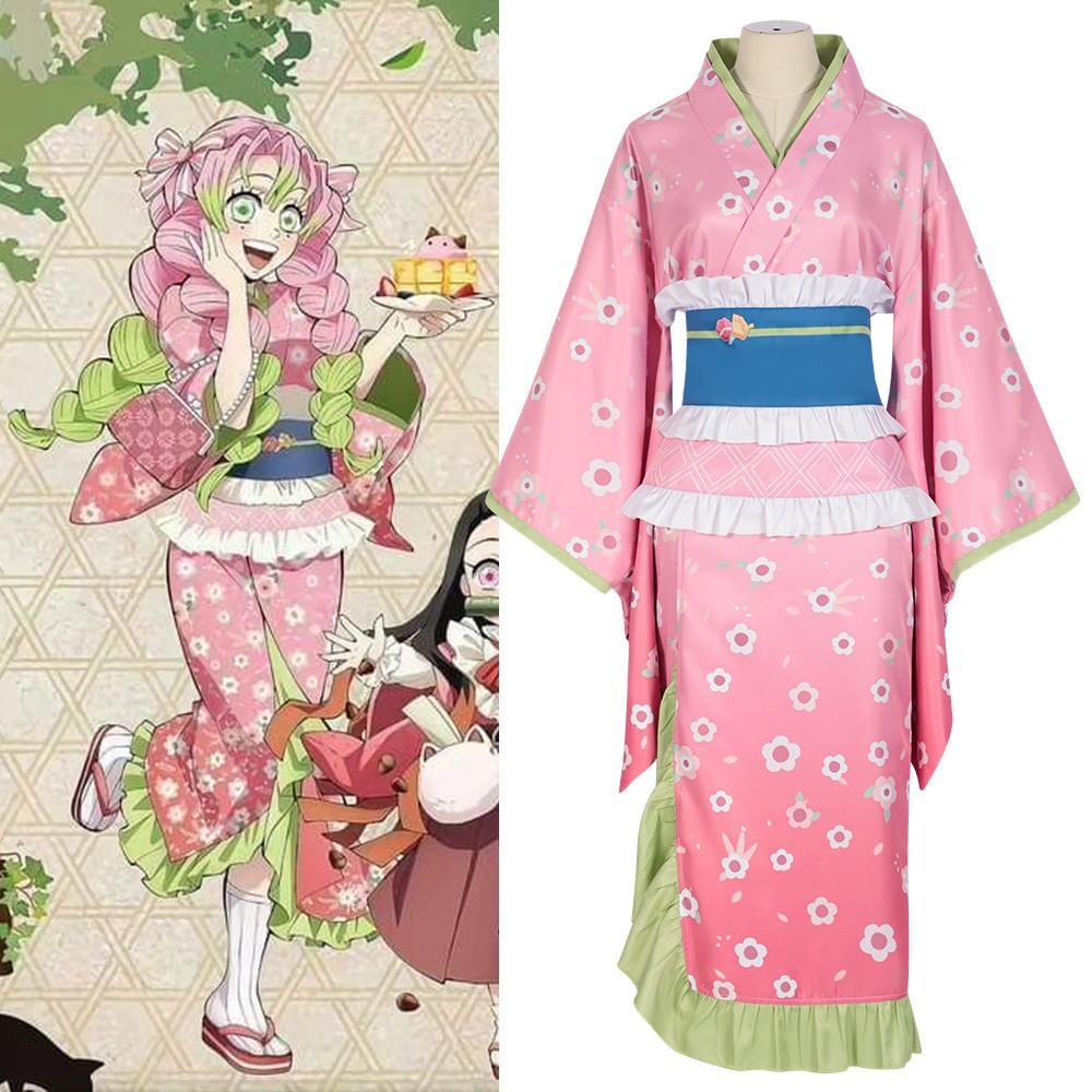 Cosplay Anime Kanroji Mitsuri Tokitou Muichirou Costume Perruque Kamado Tanjirou Kimono Uniforme Ensemble Complet Fête à Thème pour Femmes Adultes S white