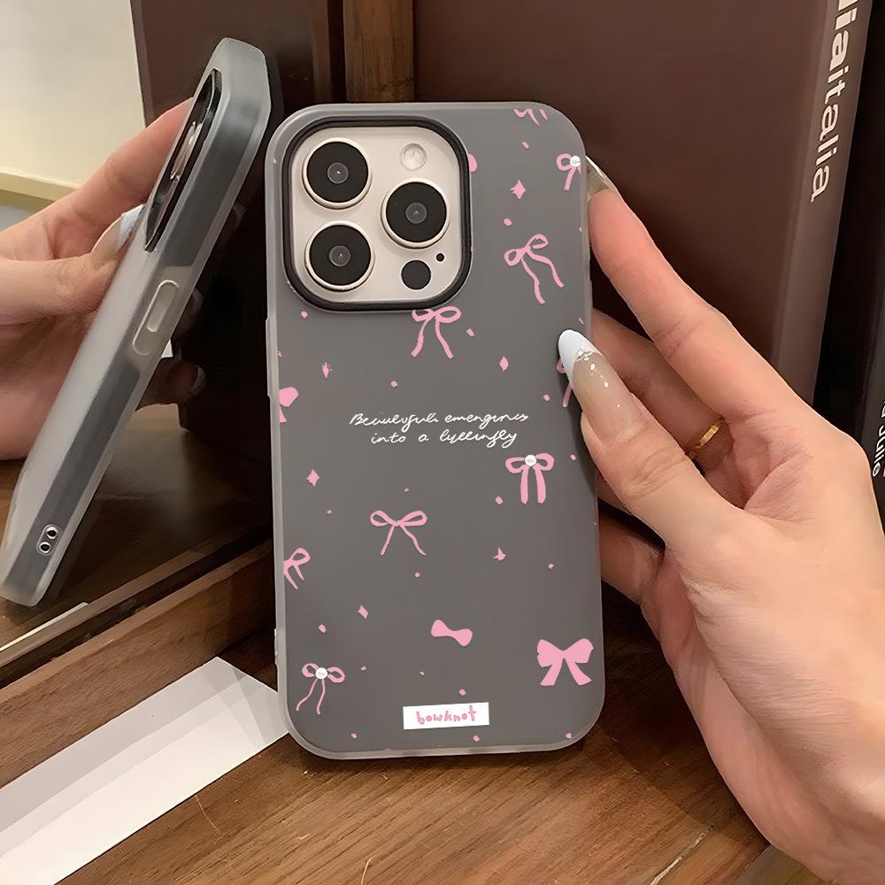 Applicable to iPhone17ProMax Korean style pink bow mobile phone protective case iPhone16 niche large hole x