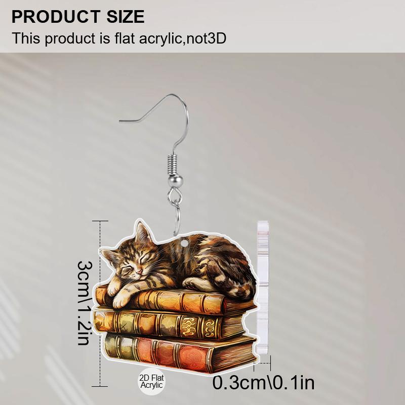 2D Flat Acrylic Cartoon Book Cat Pattern Earrings Fashion Jewelry Gift for Women Girls Female
