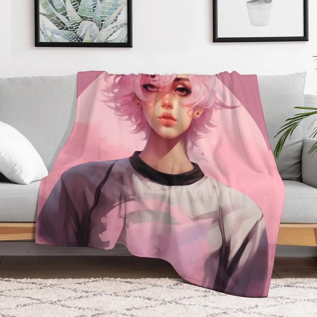 Femboy Pastelgoth Pink Boi Anime Character Throw Blanket Cozy Home Blanket Gift for Christmas Holiday