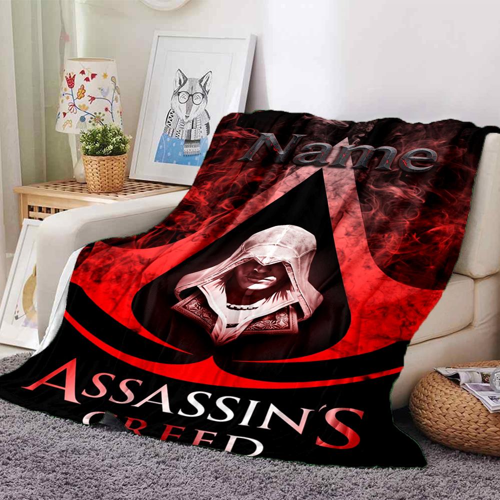 Koc z nadrukiem w stylu Assassin's Creed z imieniem na zamówienie Idealny na kanapę, łóżko, podróże, do użytku na zewnątrz Można prać w pralce Przytulny Trwały
