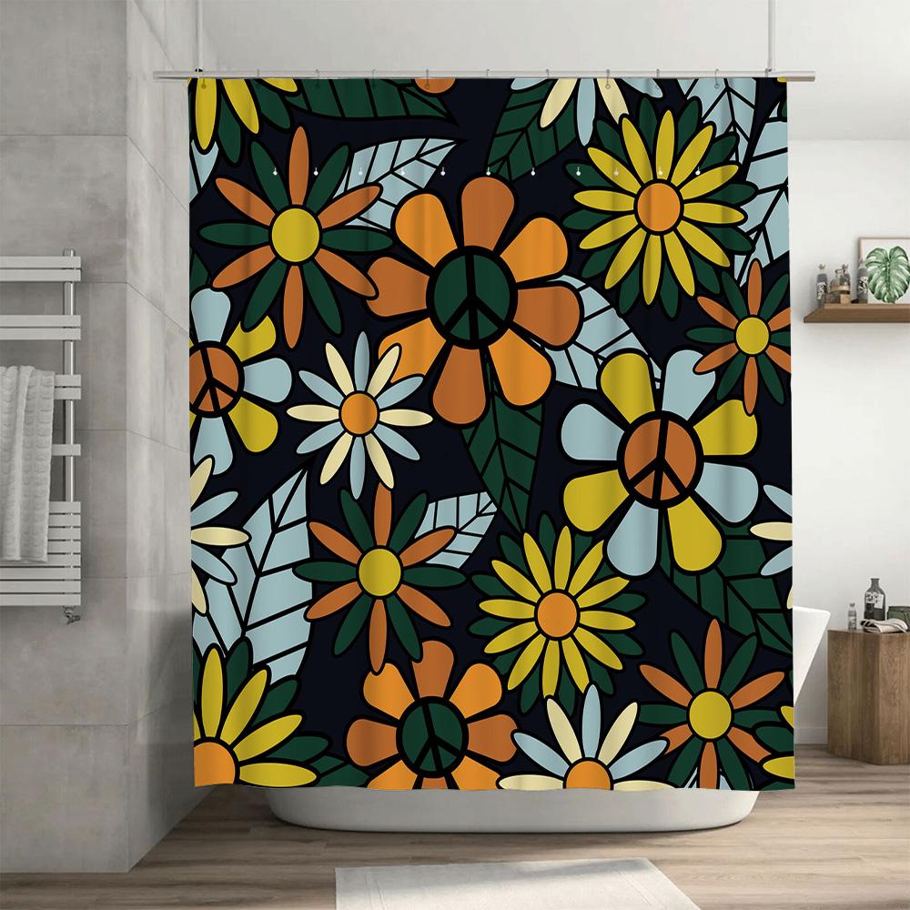 Floral Shower Curtain Decorative Bath Mat Set Waterproof Bathroom Accessories Retro Style Modern Flower Print Shower Panels