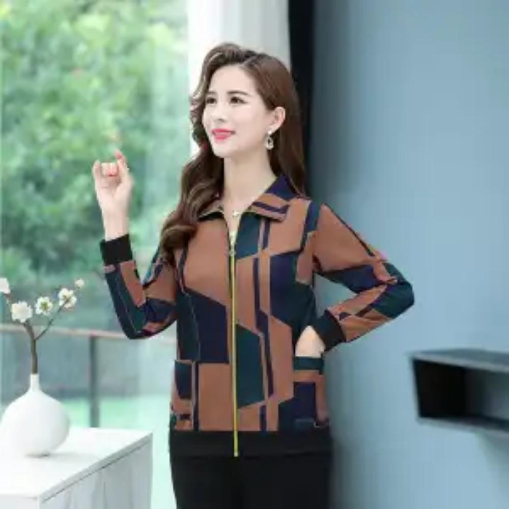 Autumn Winter New Short Coat Middle-aged Elderly Women Print Lapel Zippered Pocket Thin Long Sleeve Loosed Versatile Jacket Top