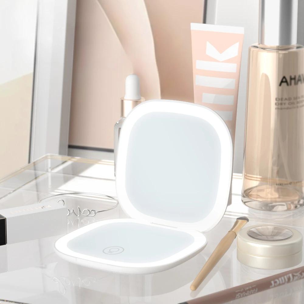 Specchio da Trucco LED Tascabile Pieghevole Mini Compatto con Luce, Ingrandimento 5X/10X, Specchio Portatile Ricaricabile da Viaggio
