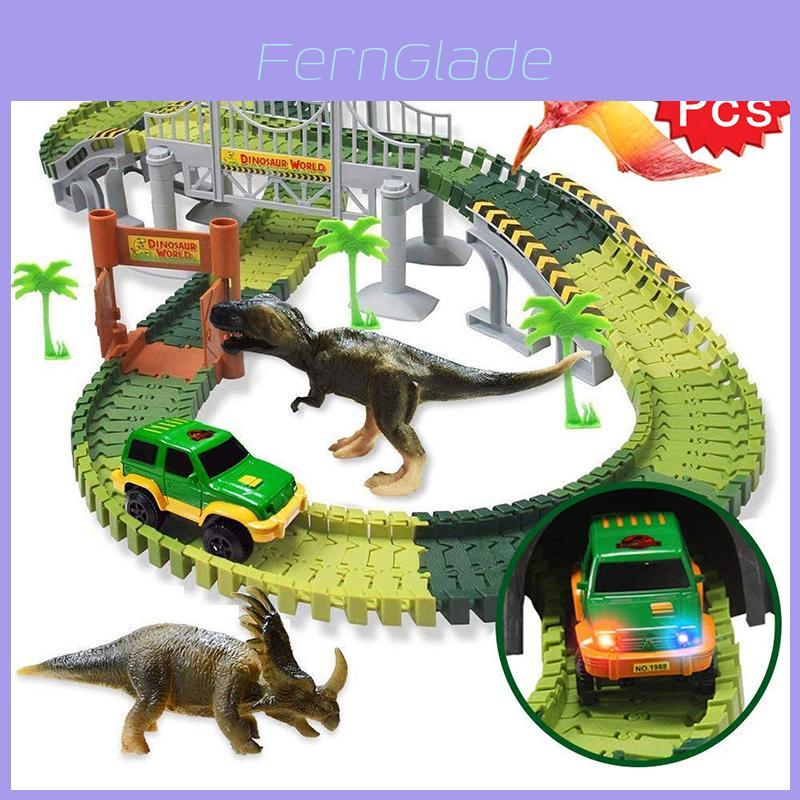 Explore The 144pcs Dinosaur Dino World Kid Flexible Race Car Track Play Set