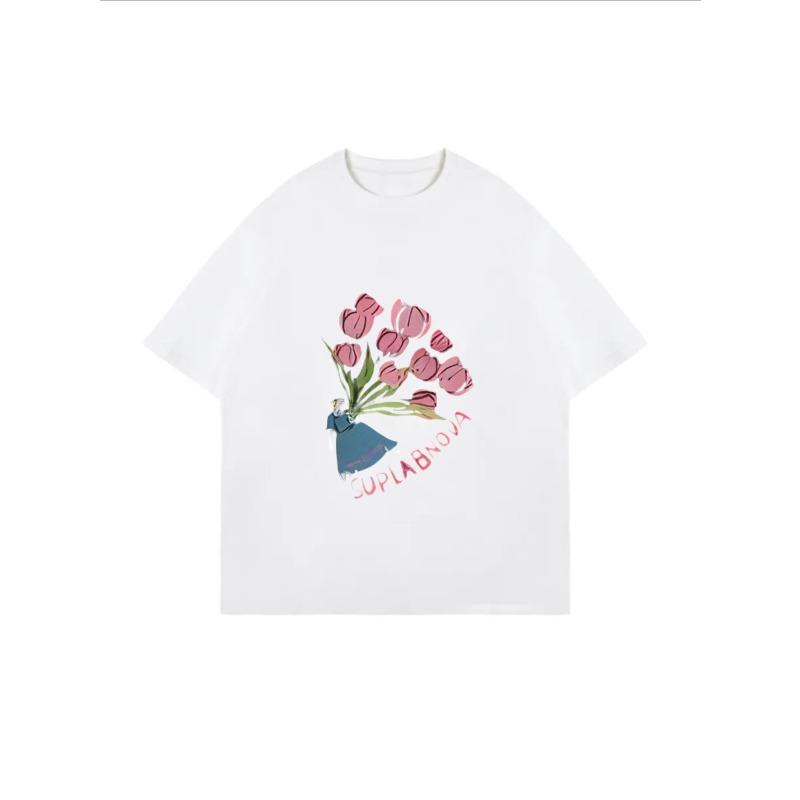 White Oversized T Shirt With Pink Tulip Bouquet And Suplabnova Text Print For Casual Wear