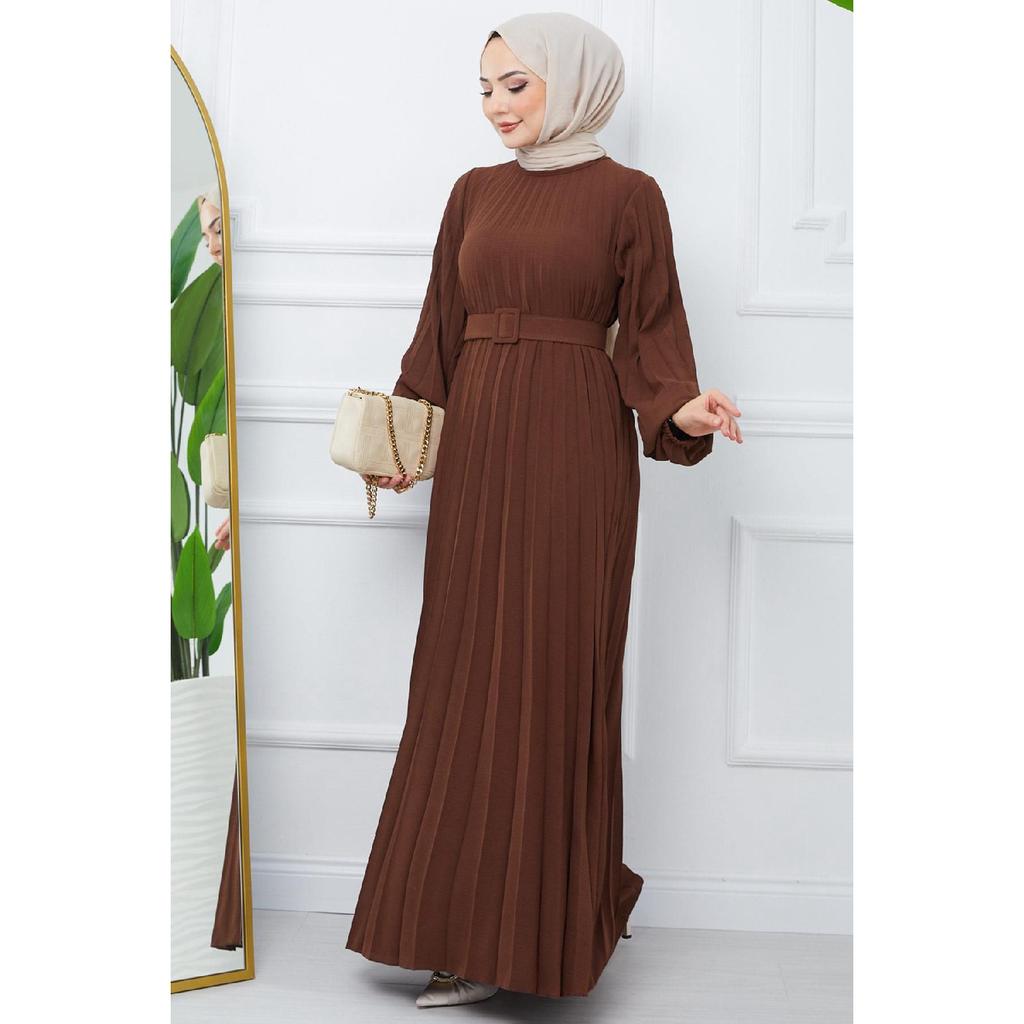 Belted Pleated Aerobin Dress Khaki Hm2339