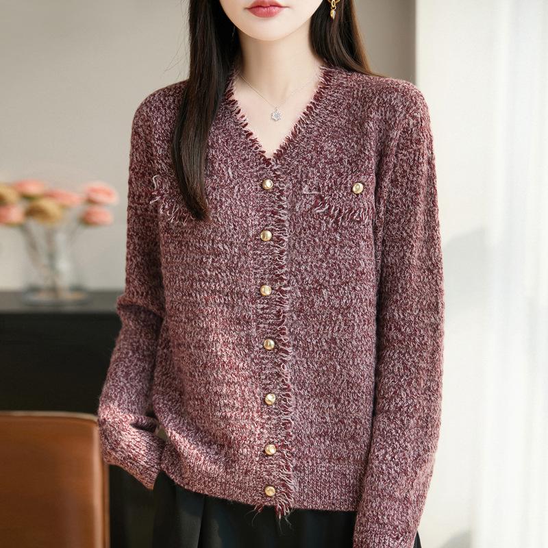 Elegant Women's V-Neck French Knit Cardigan - Warm, Versatile Heather Yarn Sweater
