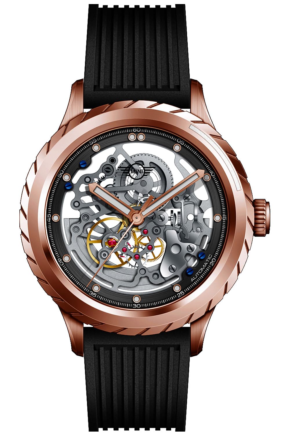 

MINI Automatic Watch Rose 44mm Skeleton Automatic Mechanical Watch Silicone Rubber Strap Mini Cooper MA-2 Gold/Black Double-Sided [Regular Import]