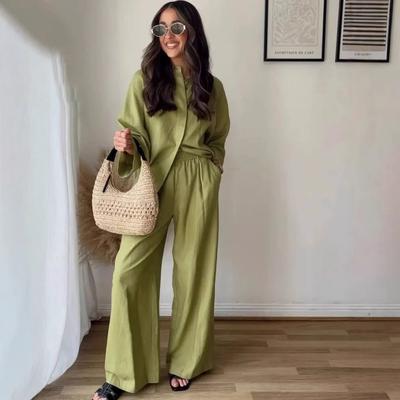 Women 2 Piece Set Elastic Waist Pocket Folds Decorate Wide Leg Pants+Solid Single-Breasted Slit Hem Blouse Top