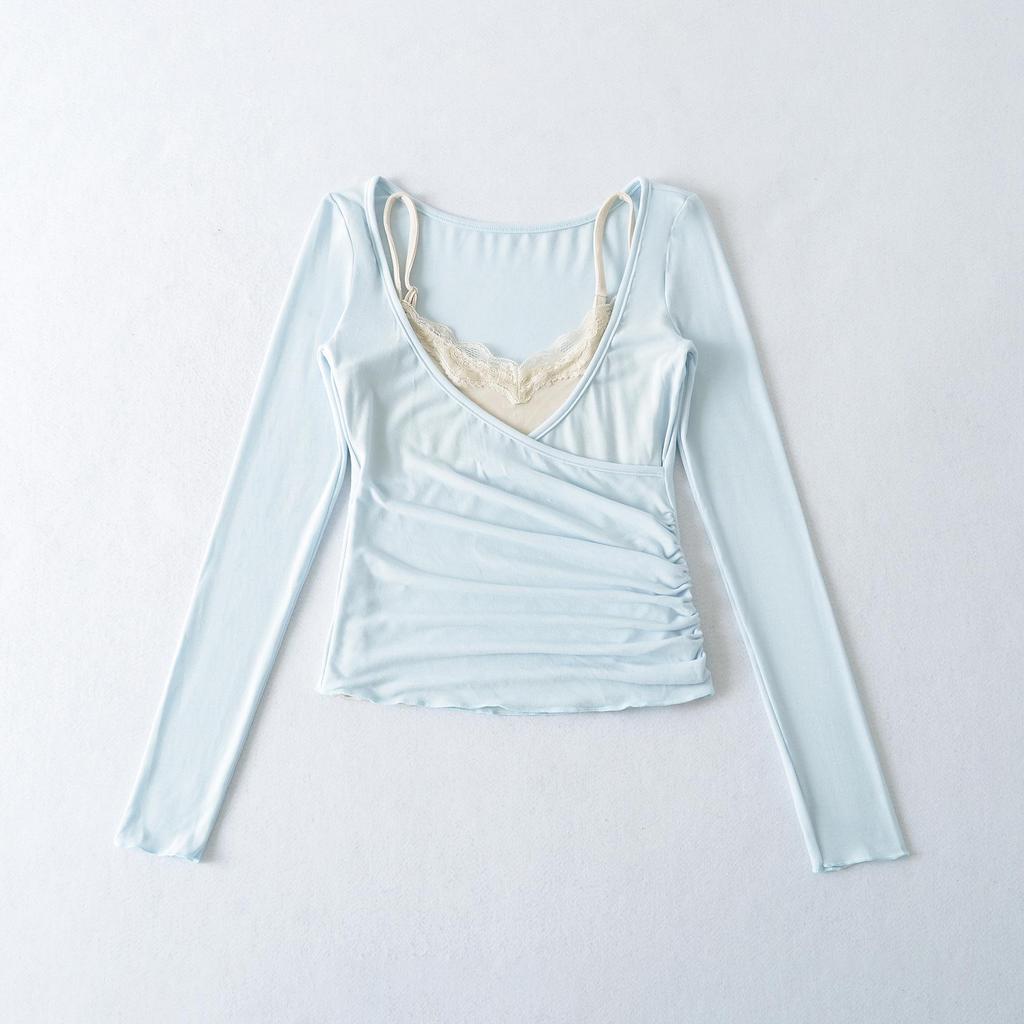 2026 Summer French Lace Camisole & V-Neck Slim Fit Sheer Long Sleeve Sun Protection Women's Two-Piece Set