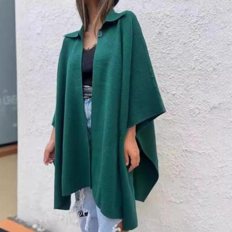 Women Cape Jacket Cardigan Fall Spring Coat Dolman Sleeve Turn Down Collar Loose Open Stitch Irregular Hem Solid Color Dating Commuting Poncho