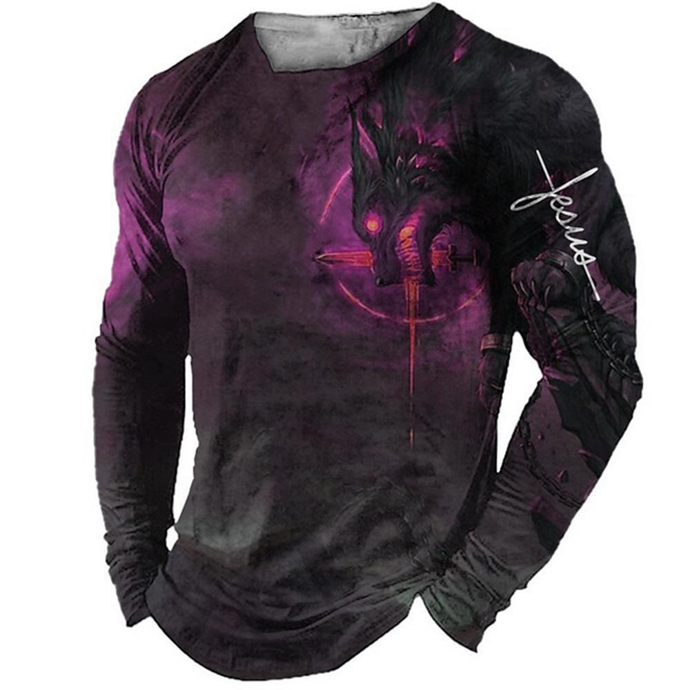 Men'S Fashion T-Shirt Animal Avatar 3D Digital Printing Trend Cool Long Sleeve Crew Neck T-Shirt