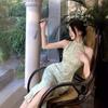 New Chinese Green Neck Dress Women's Summer Cheongsam Improved Light Temperament Split Shoulder Sleeveless Long Dress