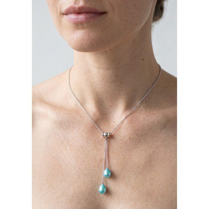 Necklace - Pearls & Colors - Toi & Me - AAA+ Cultured Pearls - Turquoise Blue - 925 Silver