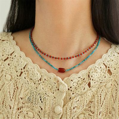 Tooxika Bohemian Style Red Agate Natural Stone Beaded Necklace Simple Light Luxury Collarbone Chain