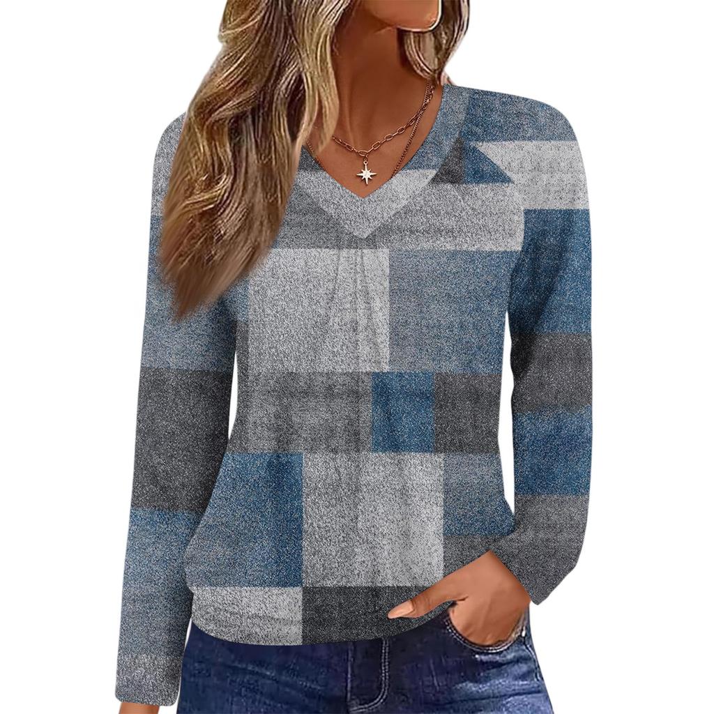 Women's Casual Fashion V-Neck Raglan Pleated Plaid Print Long Sleeve Top