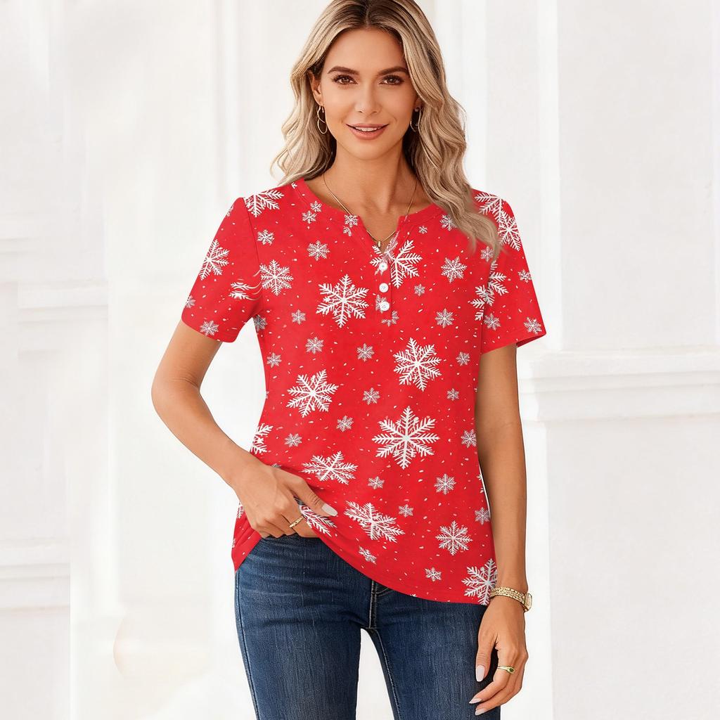 Women's Casual Christmas Print V-Neck Short Sleeve Button T-Shirt Top for Women