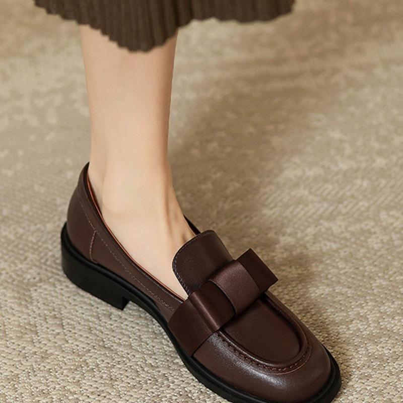 2025 Spring and Autumn New French Leather Shoes, Women's British Style Retro Square-toed Loafers, Bow Mary Jane Single Shoes