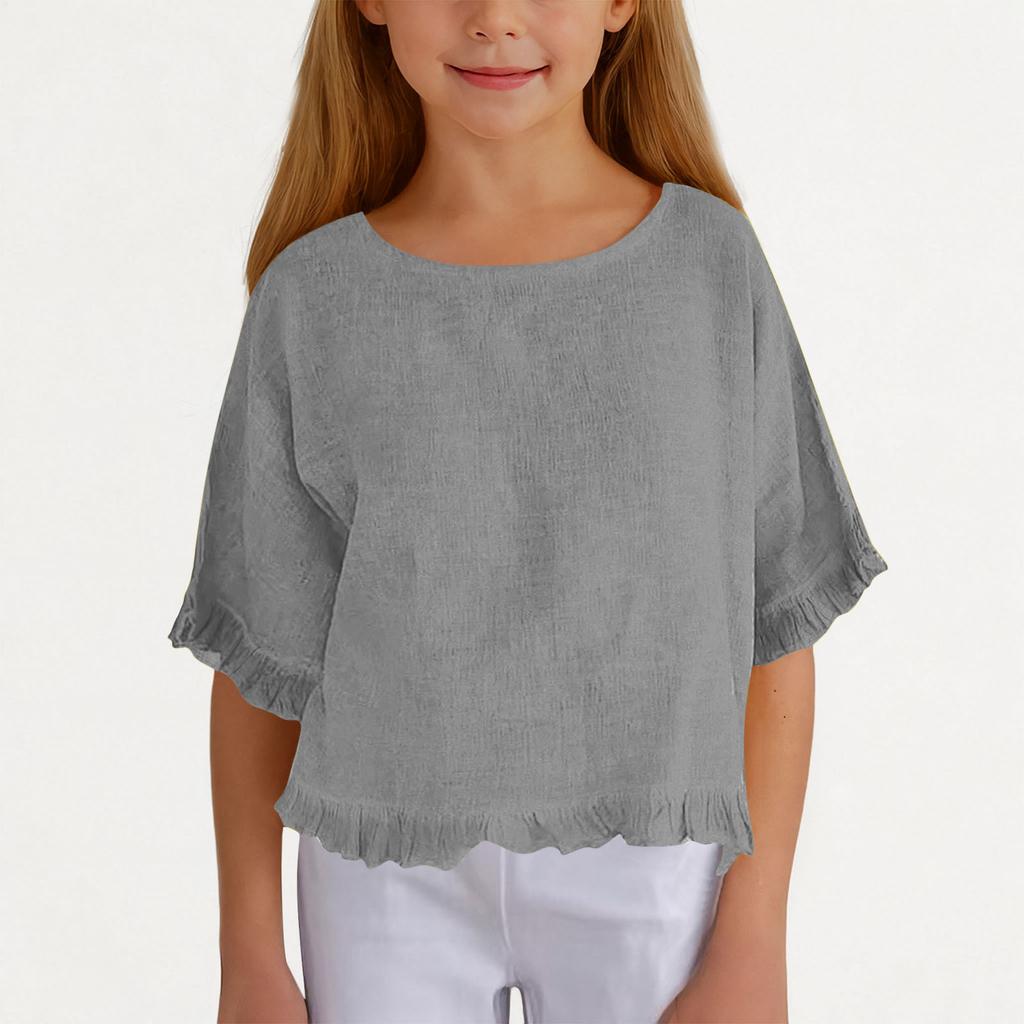 Girls' Linen Ruffle Top - Short Sleeve Round Neck Blouse