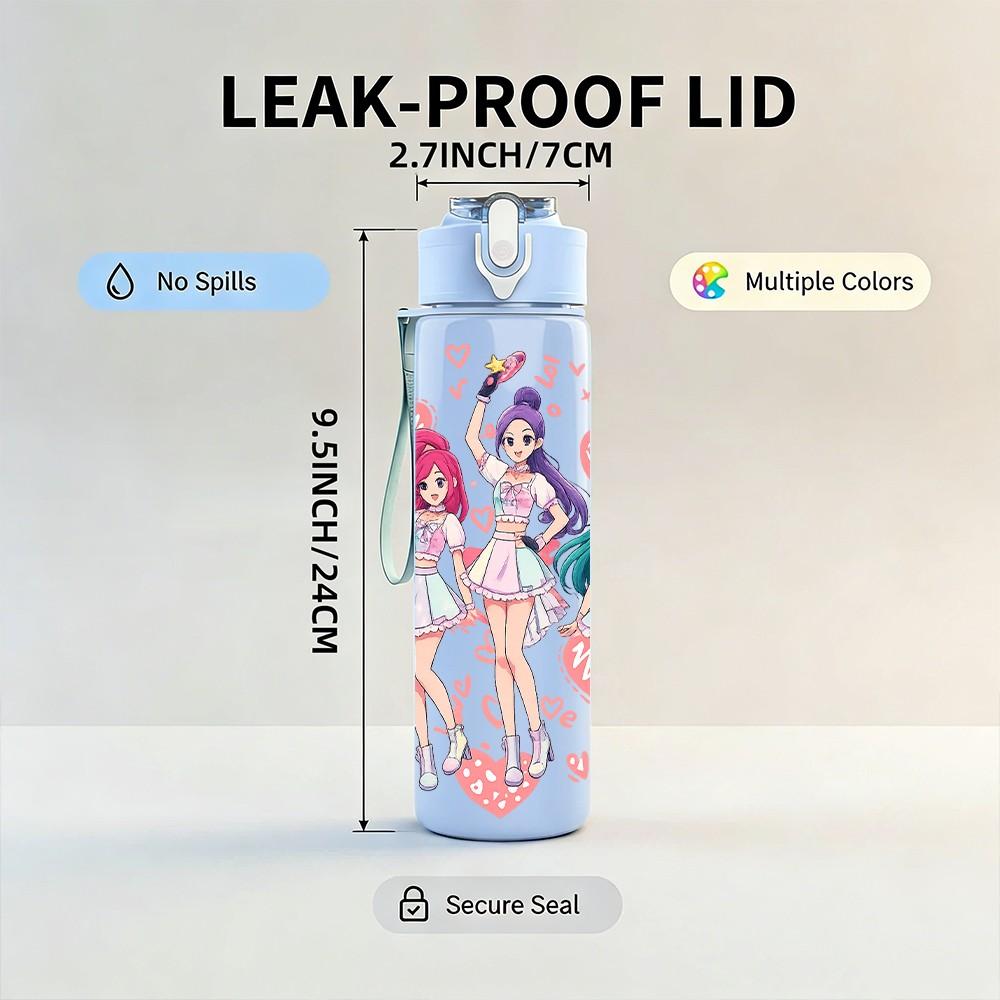 1PC Anime Girl Group Colorful Cartoon Art 750ml Color Plastic Sports Water Bottle Leakproof Flip Straw Lid Suitable for Sports Office Home Use