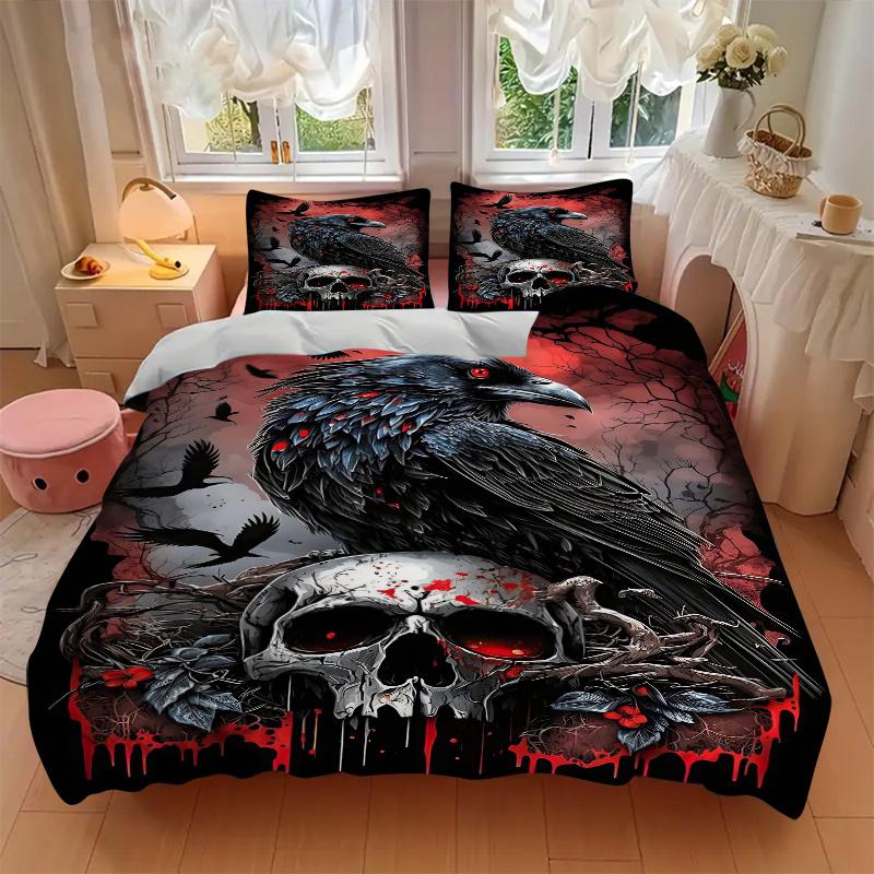 3pcs Crow and Skull Printed Duvet Cover Set (1 * Cover+2 * Pillowcase, Without Core), Suitable for Home Bedroom, Guest Room, Dormitory Decoration