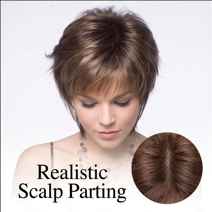 Women's Short Wavy Synthetic Wig - Natural Mixed Brown Hairpiece, Breathable & Lightweight for Daily, Party & Casual Wear, Ready Stock