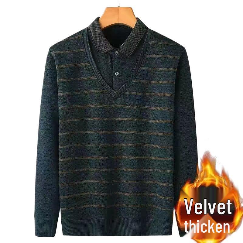 Men's Mid-Age & Senior Plus Velvet Thick Sweater - New Faux Two-Piece Winter Top