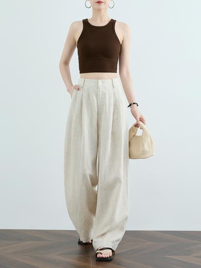 Women s Flattering Petite High-Waisted Linen Wide-Leg Tencel Pants for Summer XL