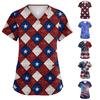 Camisa de Trabalho Casual da Moda Feminina com Estampa da Bandeira Americana e Estrelas para o Dia da Independência, Gola V, Manga Curta, Fendas Laterais Duplas e Bolsos