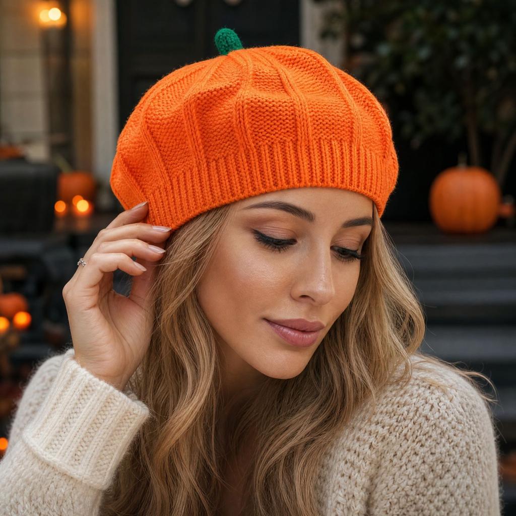 Warm Pumpkin Orange Knitted Beret Hat for Adults Halloween Costume Accessory
